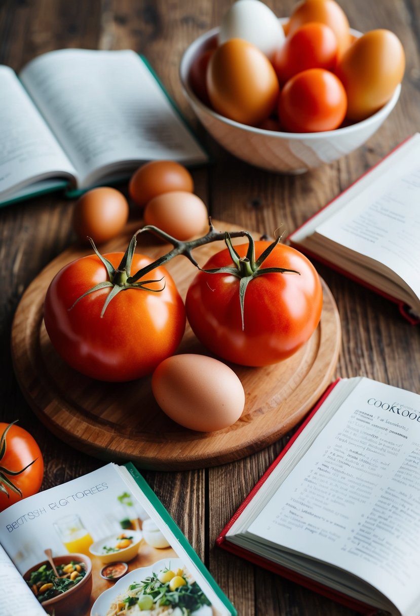 Fresh tomatoes and eggs sit on a wooden cutting board surrounded by open cookbooks filled with recipes