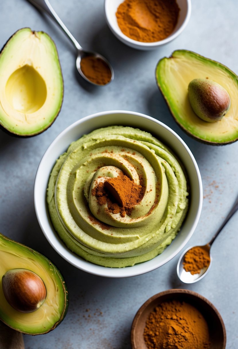 A bowl of creamy avocado chocolate mousse surrounded by fresh avocados and cacao powder