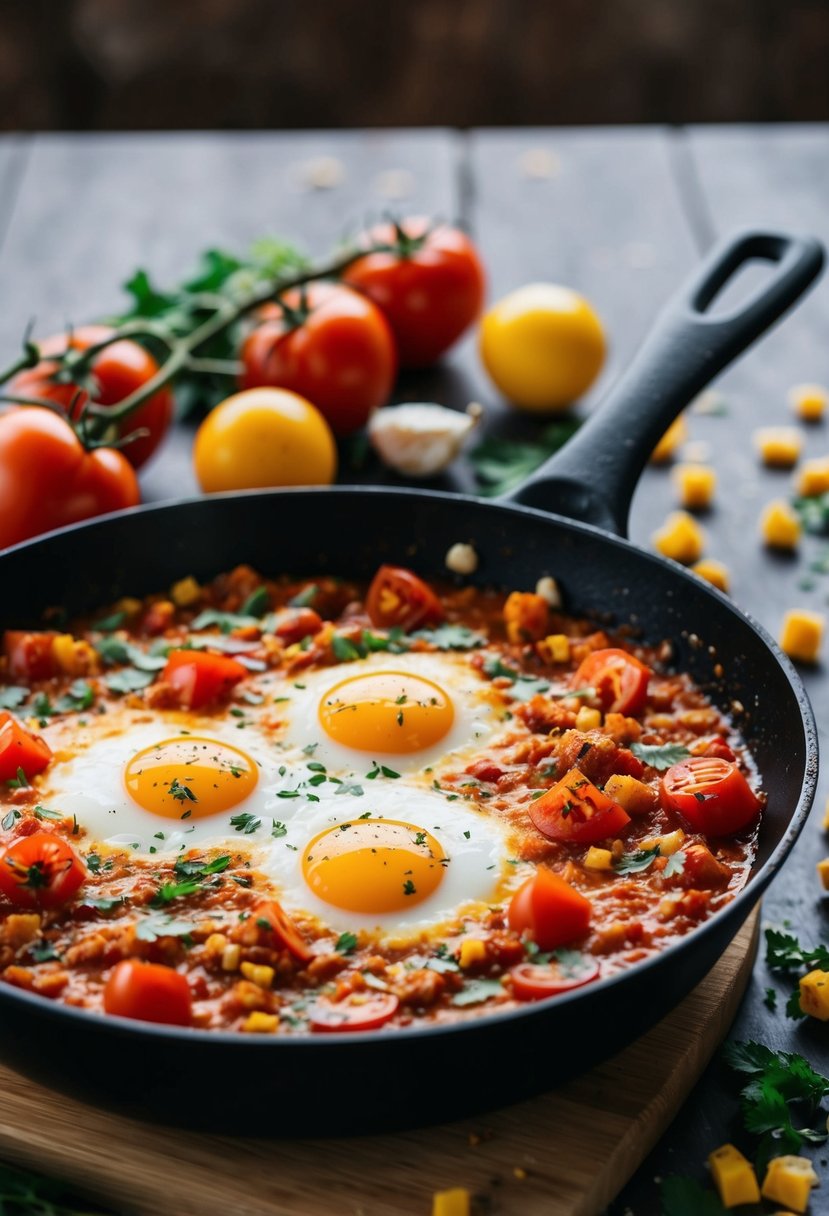 A skillet with bubbling tomato and egg shakshuka, surrounded by scattered recipe ingredients