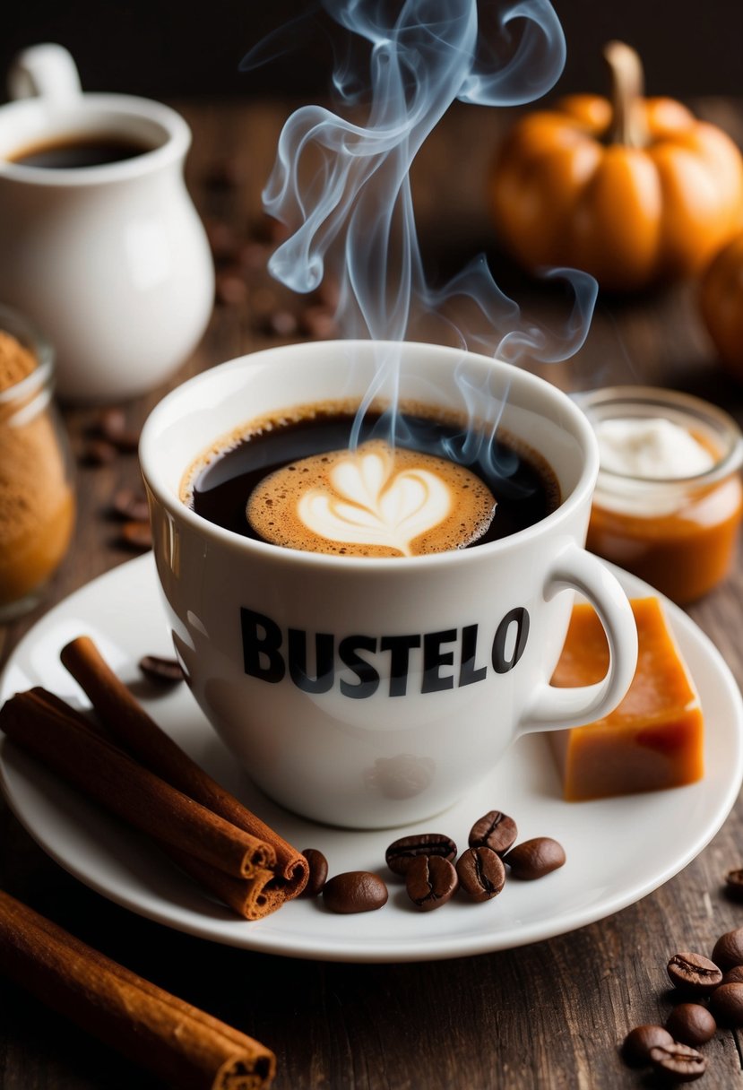 A steaming cup of Bustelo coffee surrounded by ingredients like cinnamon, vanilla, and caramel, with a warm, inviting atmosphere