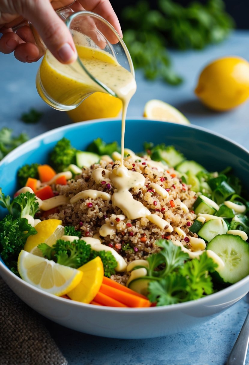 A colorful bowl of quinoa salad with fresh vegetables and a drizzle of lemon dressing