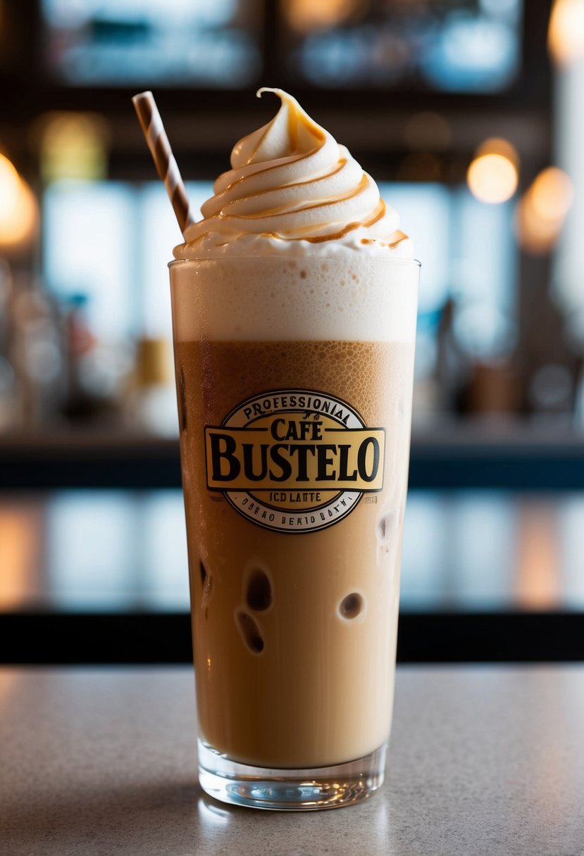 A tall glass filled with Café Bustelo Iced Latte, adorned with ice cubes and a swirl of creamy foam on top