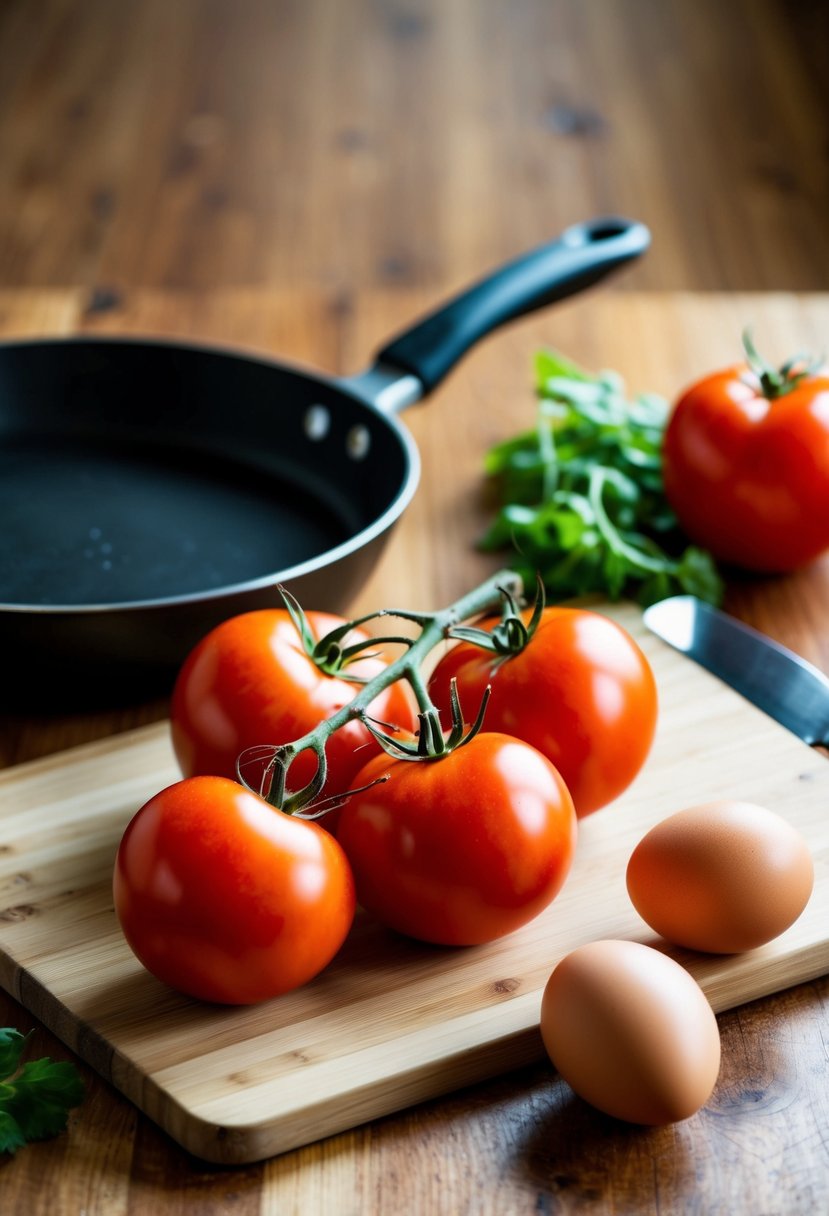 Fresh tomatoes and eggs on a cutting board, with a skillet and spatula nearby