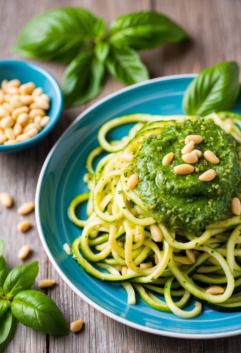 A colorful plate of zucchini noodles topped with vibrant green pesto sauce, garnished with fresh basil leaves and pine nuts