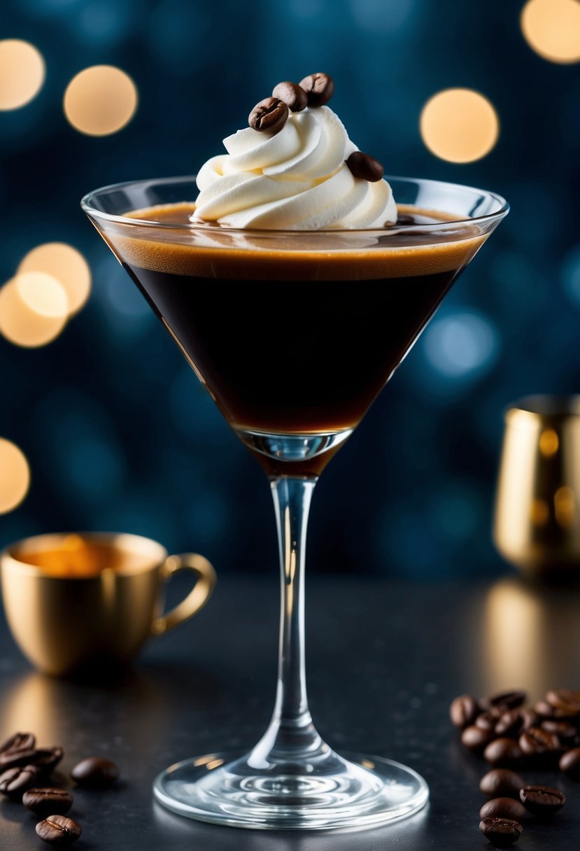 A sleek martini glass filled with rich, dark Bustelo Espresso Martini, garnished with coffee beans and a swirl of cream on top