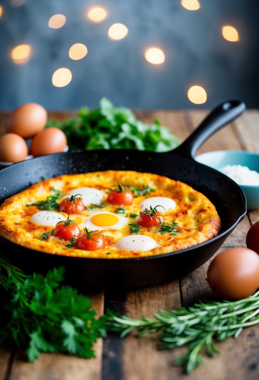 A sizzling tomato frittata cooks in a skillet, surrounded by fresh herbs and eggs