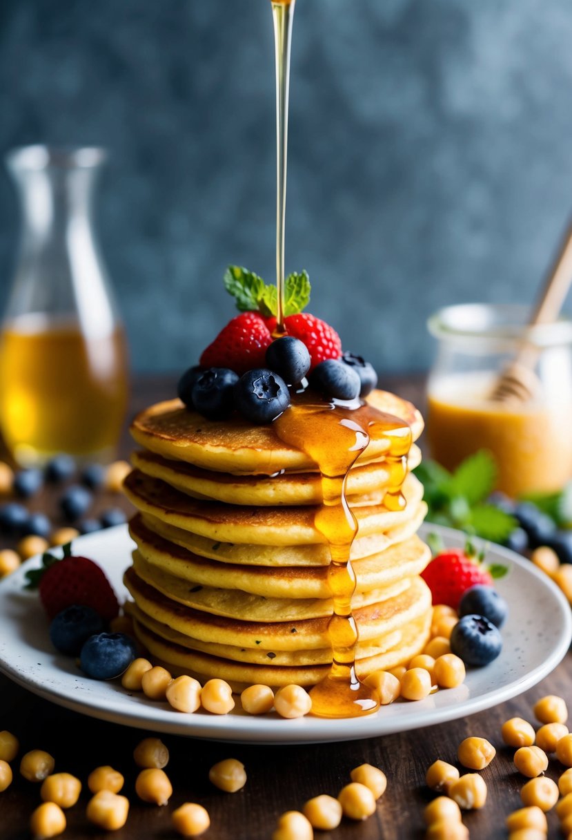 A stack of golden chickpea pancakes topped with fresh berries and a drizzle of honey, surrounded by a scattering of chickpeas and a sprig of mint