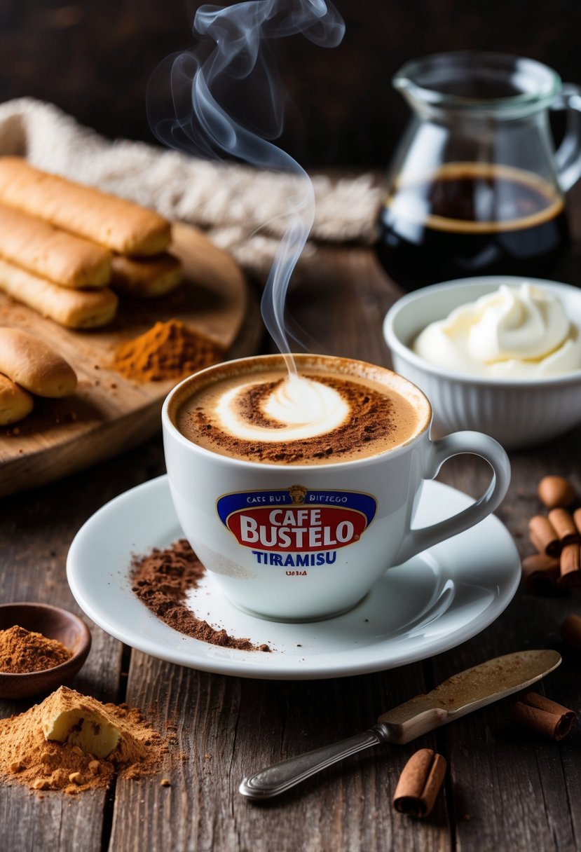 A steaming cup of Café Bustelo Tiramisu coffee sits on a rustic wooden table, surrounded by ingredients like cocoa powder, ladyfingers, and mascarpone cheese