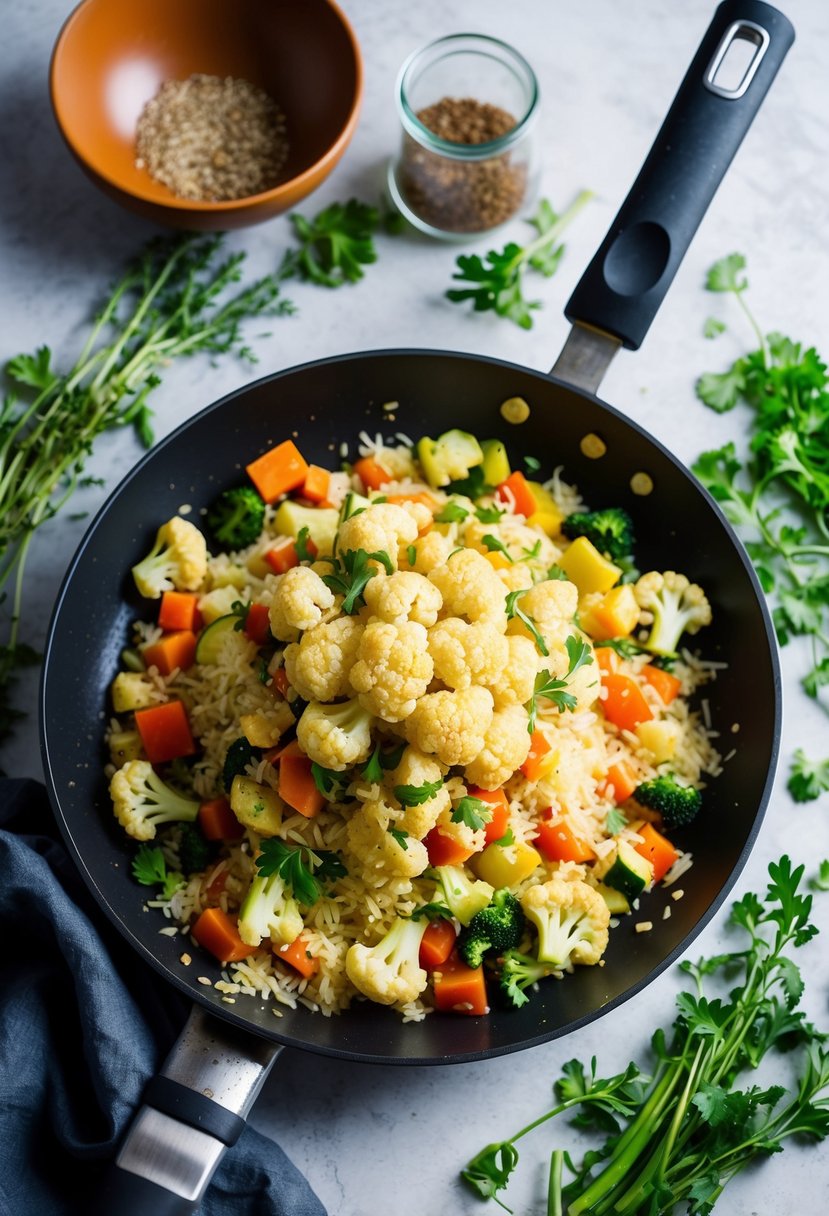 A sizzling pan of colorful vegetables and cauliflower rice stir fry, surrounded by fresh herbs and spices