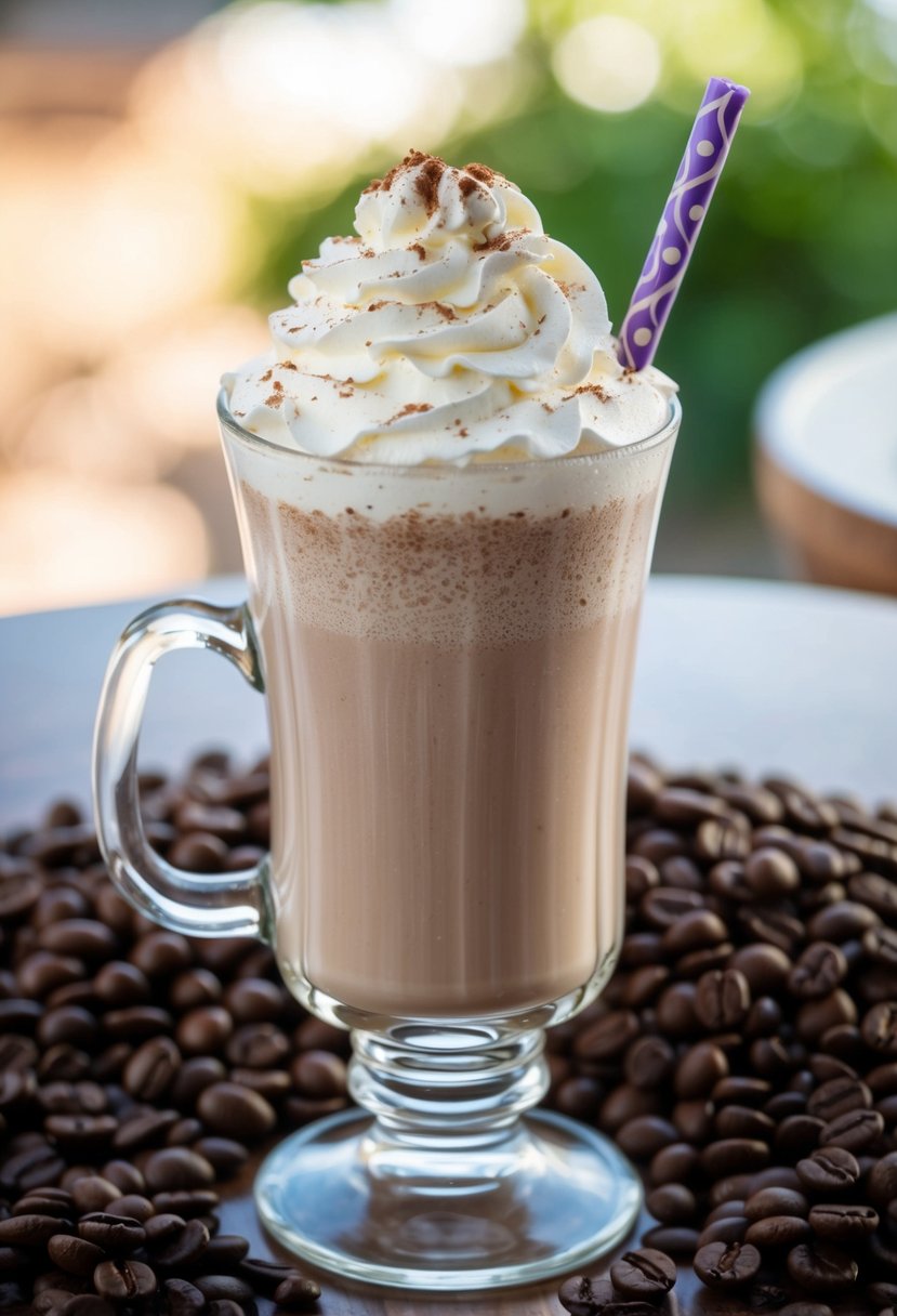 A tall glass filled with a creamy mocha frappe, topped with whipped cream and a sprinkle of cocoa powder, surrounded by coffee beans and a decorative straw