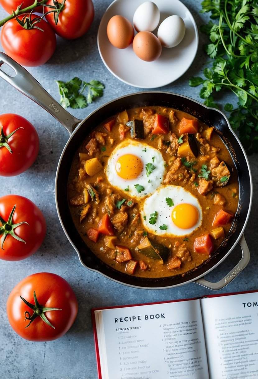 A skillet sizzling with tomato and egg curry, surrounded by fresh tomatoes and eggs, with recipe book open nearby