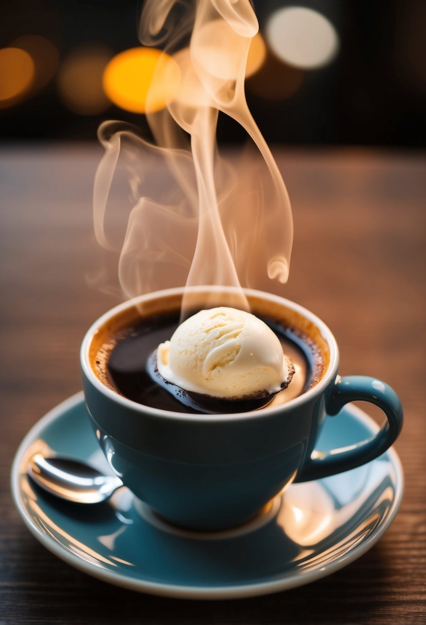 A steaming cup of Bustelo coffee sits on a saucer, with a scoop of vanilla ice cream slowly melting into the rich, dark liquid