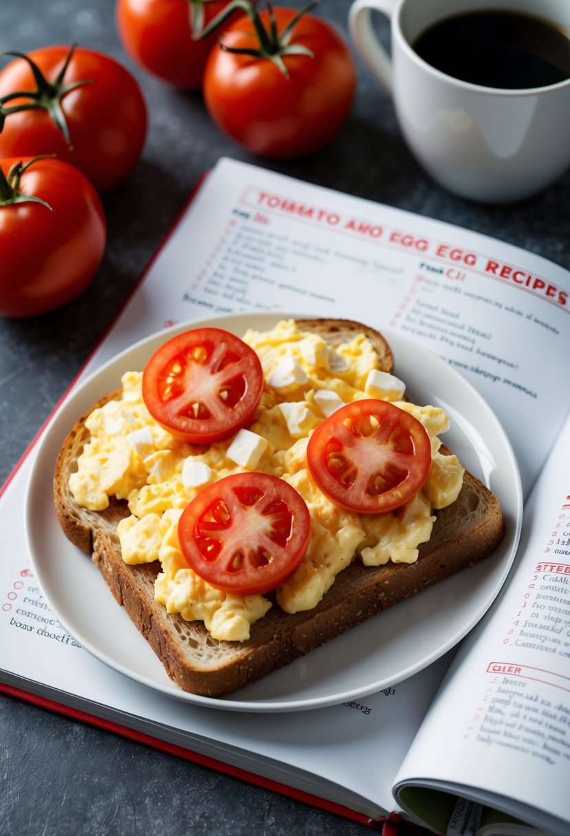 A plate with scrambled eggs on toast topped with sliced tomatoes, next to a recipe book open to a page with tomato and egg recipes