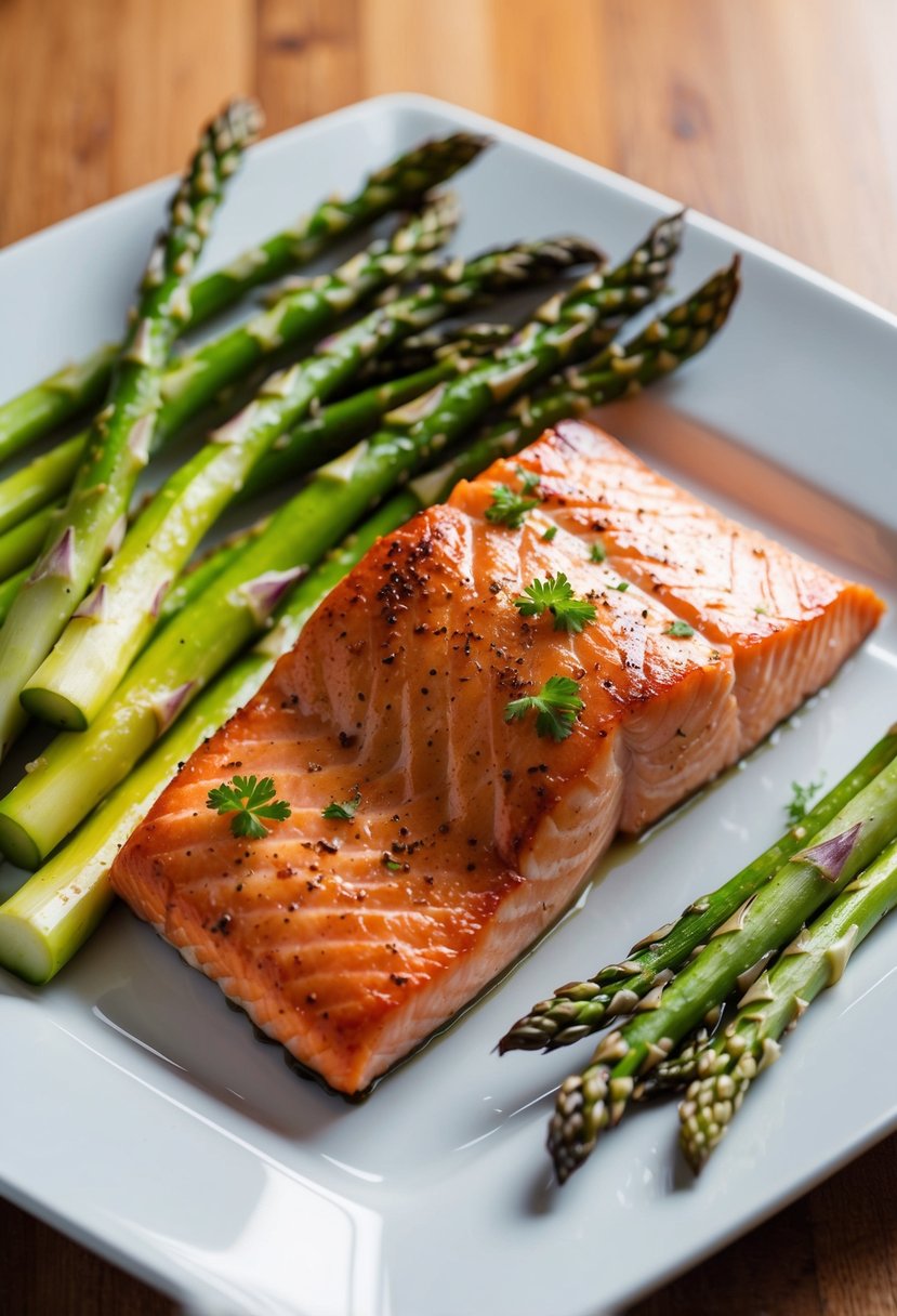 A sizzling fillet of grilled salmon is accompanied by a vibrant bunch of asparagus, fresh and green, on a clean, white plate