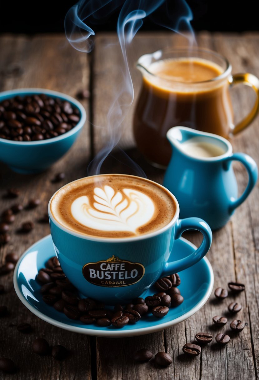 A steaming cup of Café Bustelo Caramel Macchiato sits on a rustic wooden table, surrounded by coffee beans and a frothy milk pitcher