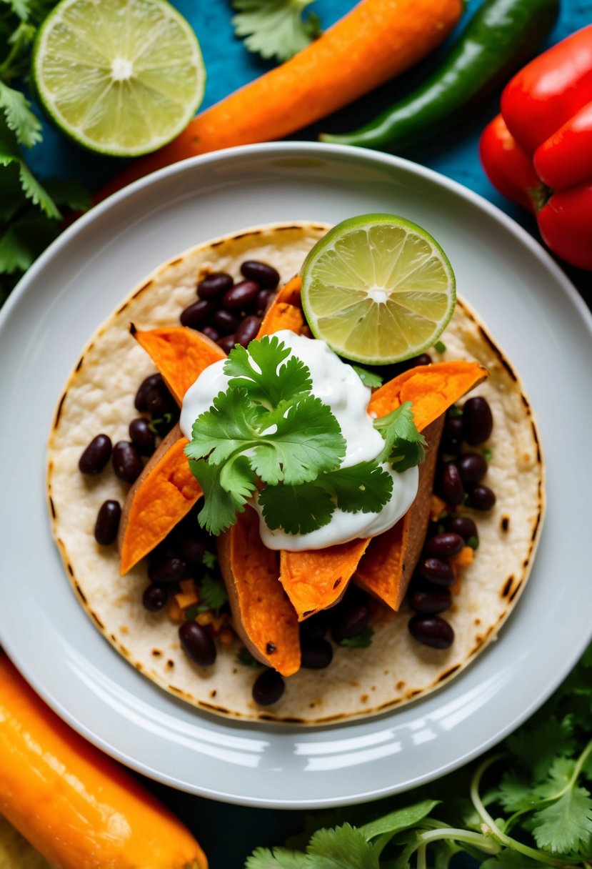 A vibrant taco filled with sweet potato and black beans, topped with fresh cilantro and a squeeze of lime, surrounded by colorful vegetables