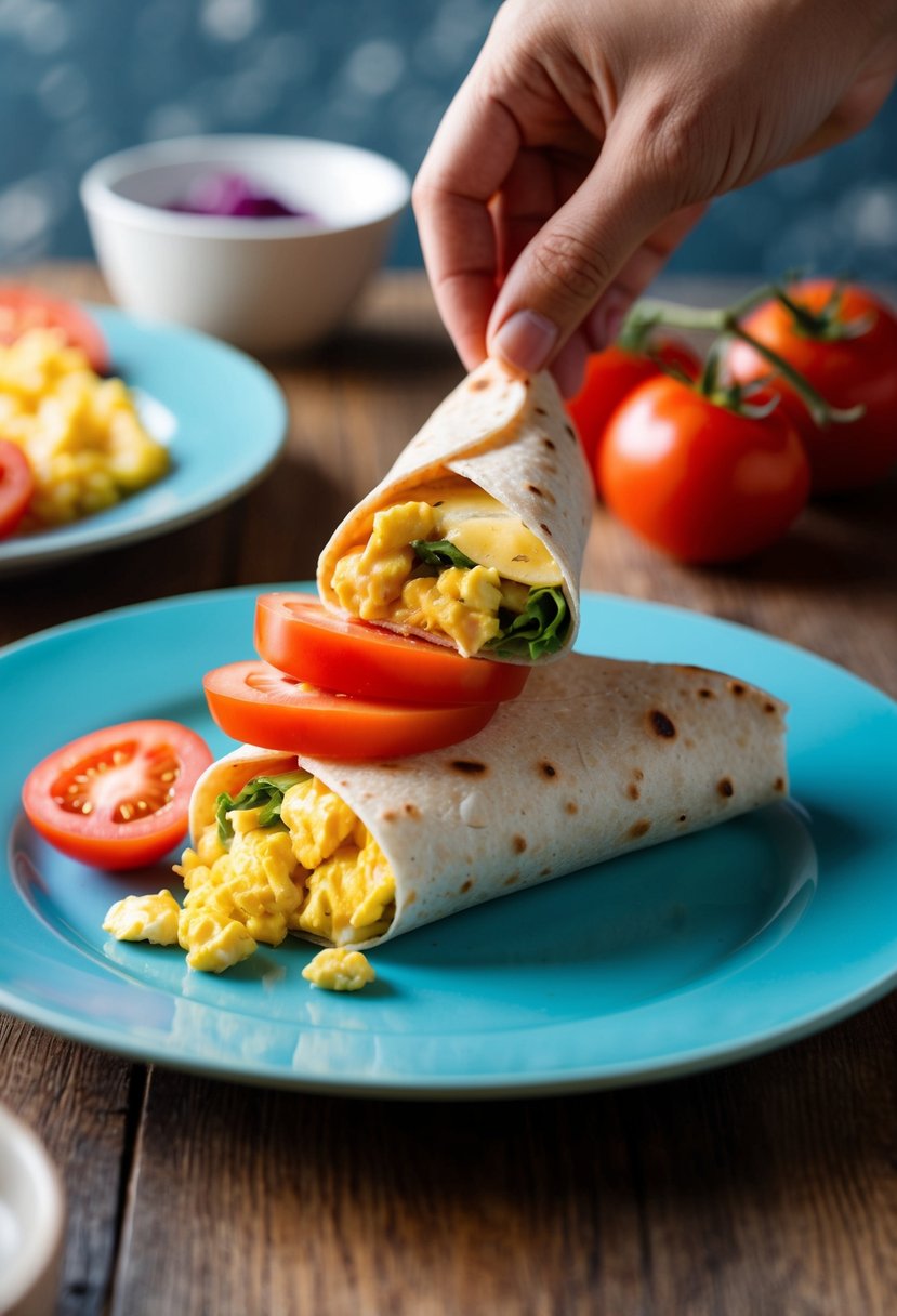 A colorful breakfast burrito being made with sliced tomatoes and scrambled eggs