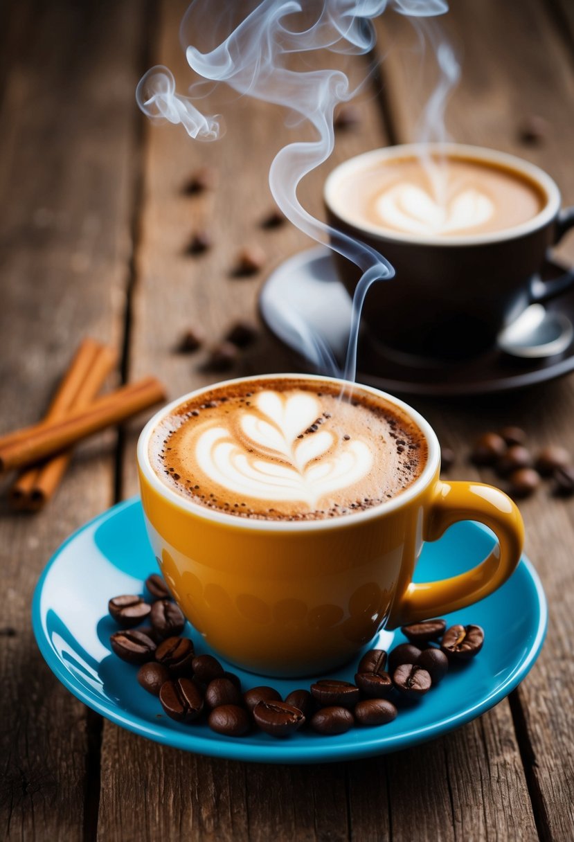 A steaming cup of Bustelo Cuban Coffee surrounded by coffee beans and a cinnamon stick on a rustic wooden table