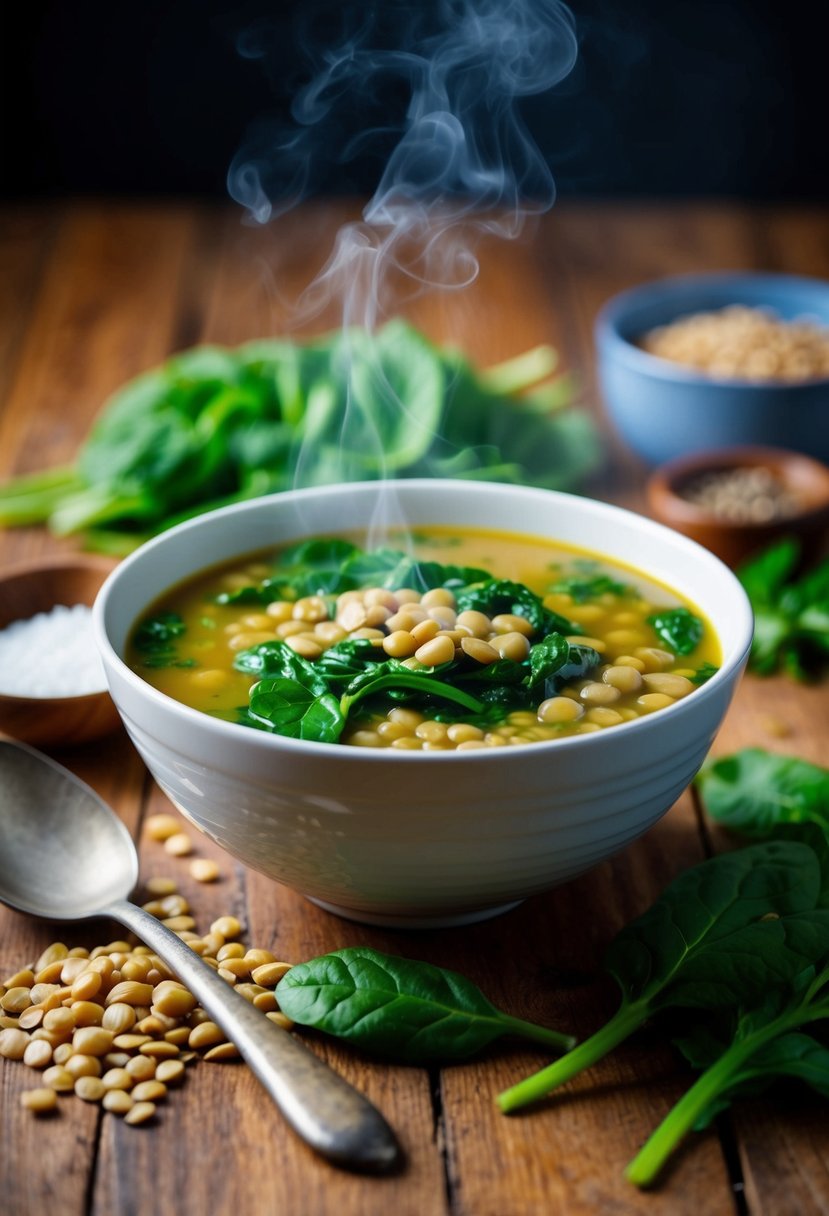 A steaming bowl of lentil soup with spinach surrounded by fresh ingredients and a rustic spoon on a wooden table