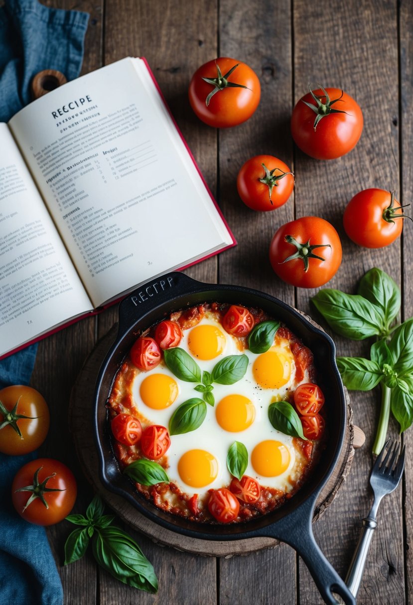 A rustic kitchen scene with a wooden table holding a baking dish filled with tomato basil baked eggs, surrounded by fresh tomatoes and a recipe book open to an egg recipe