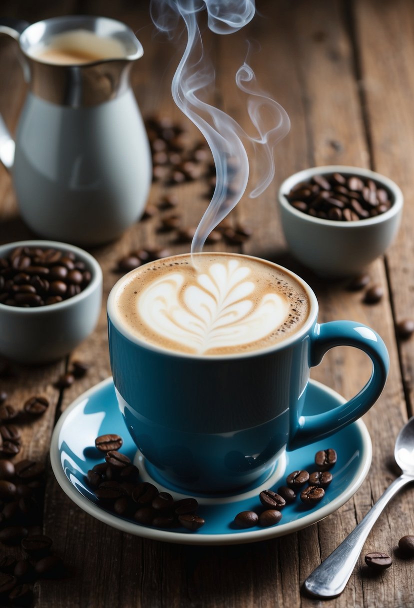 A steaming mug of Vanilla Bustelo Latte sits on a rustic wooden table, surrounded by coffee beans and a frothy milk pitcher