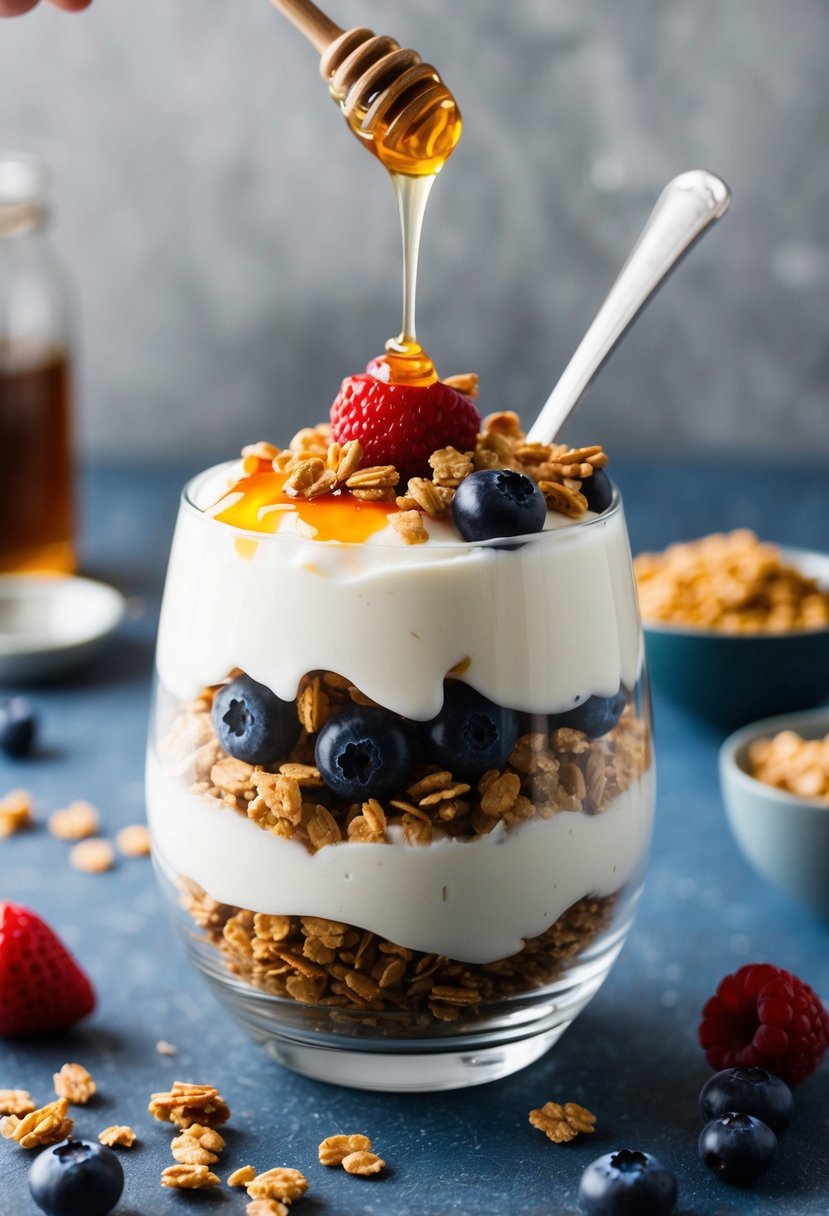 A glass parfait dish filled with layers of Greek yogurt, granola, and fresh berries, topped with a drizzle of honey