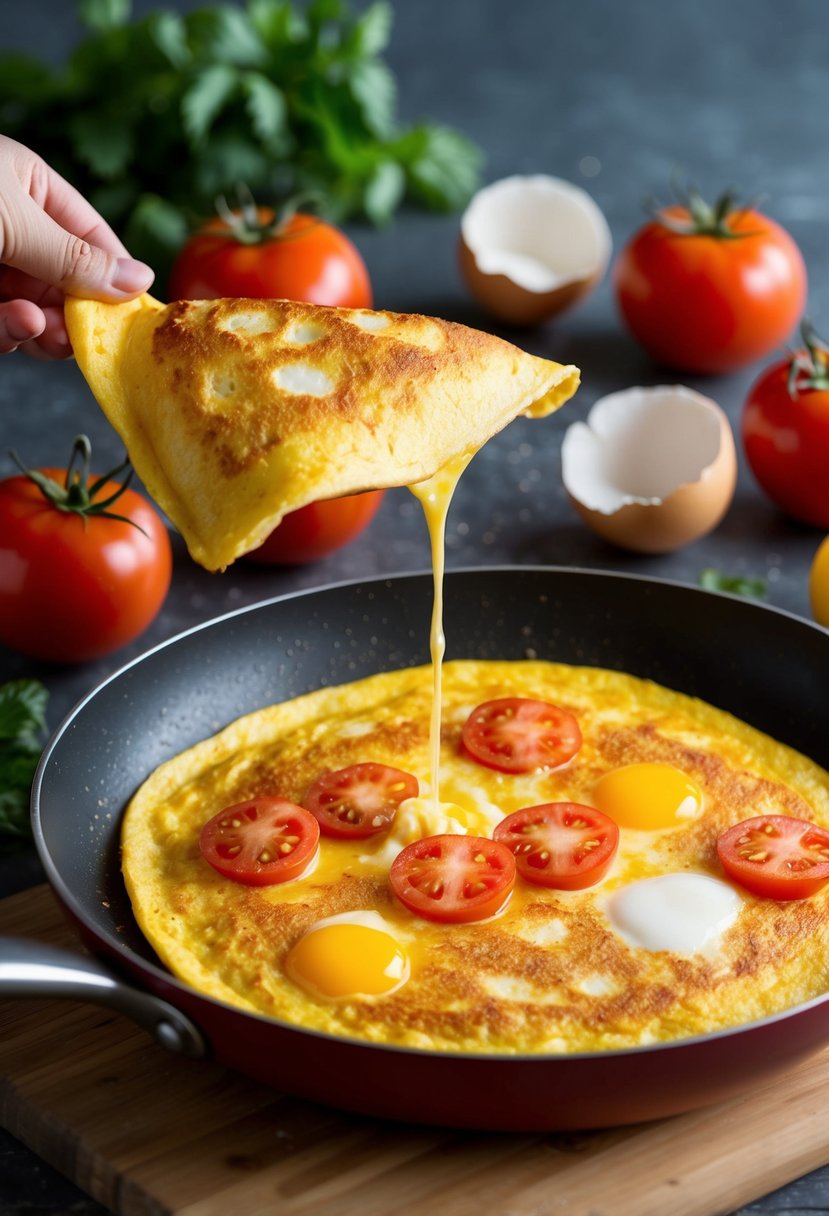 A sizzling tomato omelette being flipped in a pan, surrounded by fresh tomatoes and cracked eggs on a wooden cutting board