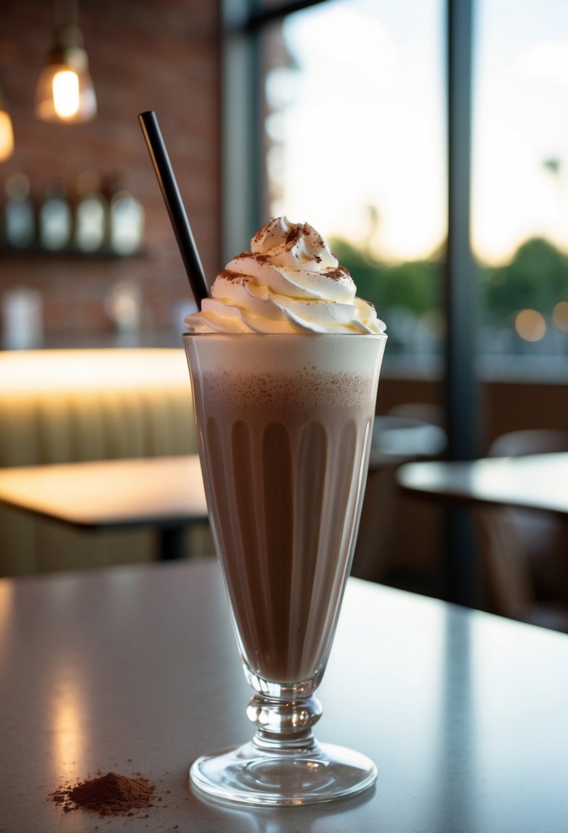 A tall glass filled with a rich, chocolatey shake topped with whipped cream and a sprinkle of ground coffee