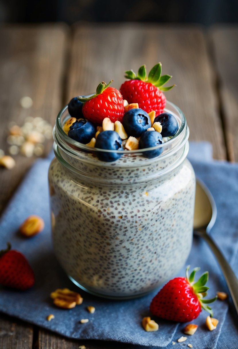 A glass jar filled with overnight chia seed pudding topped with fresh berries and a sprinkle of nuts, set on a rustic wooden table