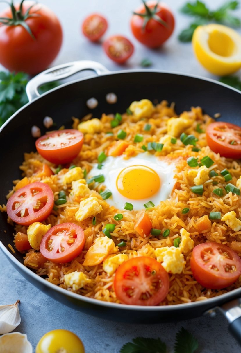 A sizzling pan of tomato egg fried rice with fresh tomatoes and scrambled eggs