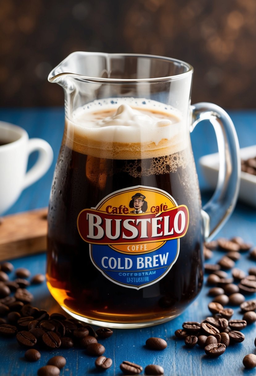 A glass pitcher filled with Café Bustelo Cold Brew surrounded by coffee beans and a splash of cream