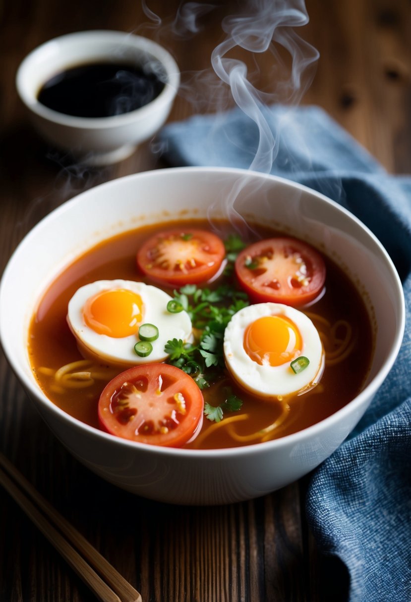 A steaming bowl of tomato and egg ramen, with sliced tomatoes and poached eggs floating in the savory broth