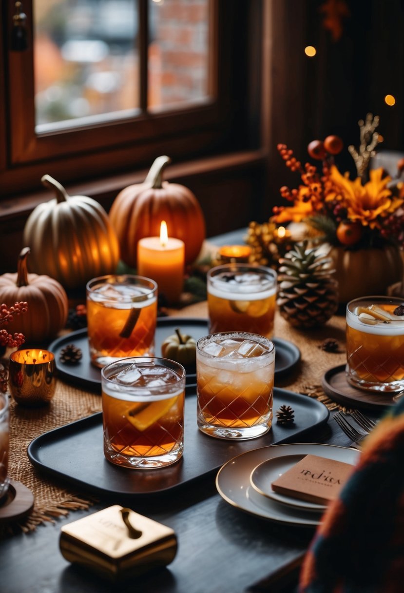 A cozy autumn scene with a table set for two, featuring a variety of rum-based cocktails surrounded by seasonal decorations