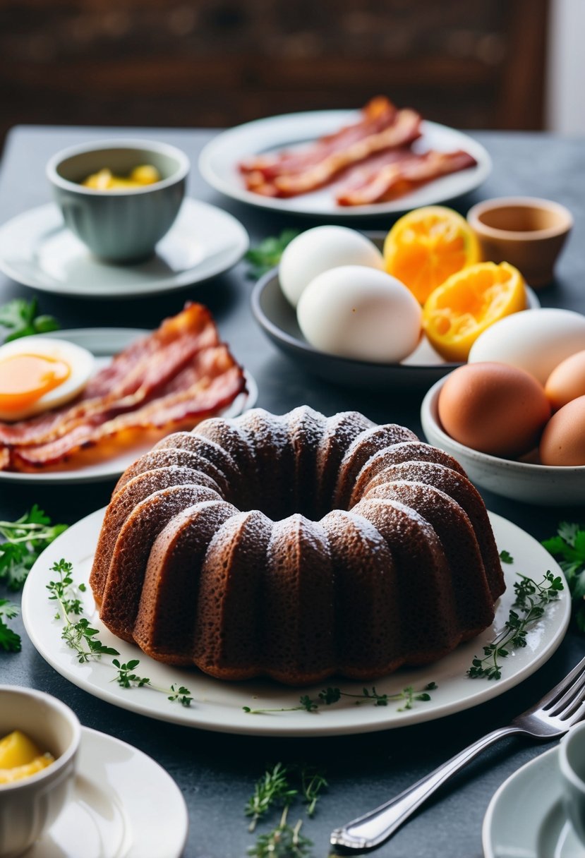 A bundt cake surrounded by eggs, bacon, and herbs on a breakfast table