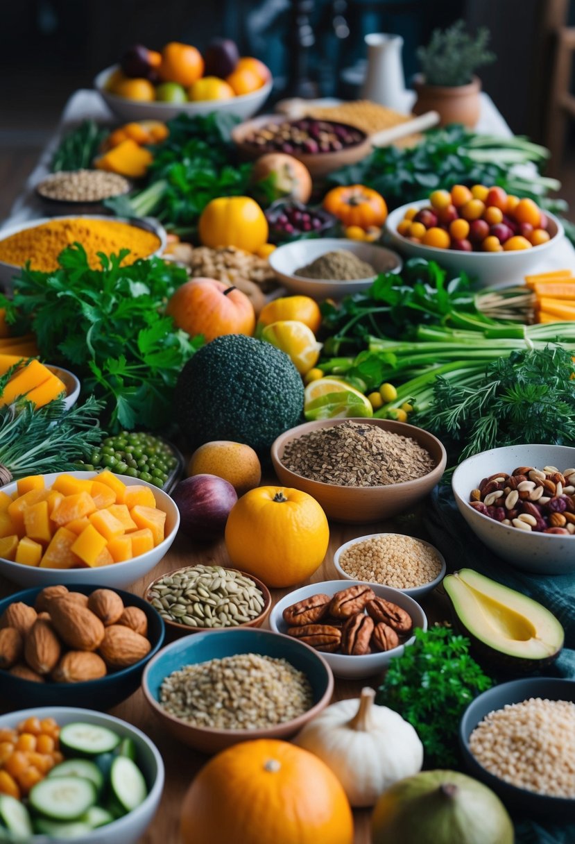 A table filled with seasonal fruits, vegetables, and herbs, along with a variety of grains and nuts, all ready to be used in Mabon vegan recipes