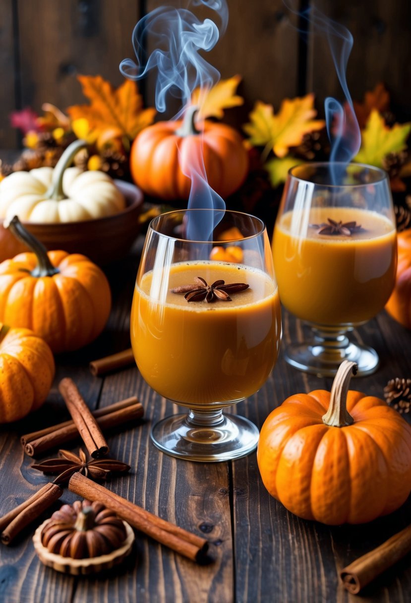 A festive table with a steaming pumpkin spice rum punch surrounded by fall foliage and cinnamon sticks