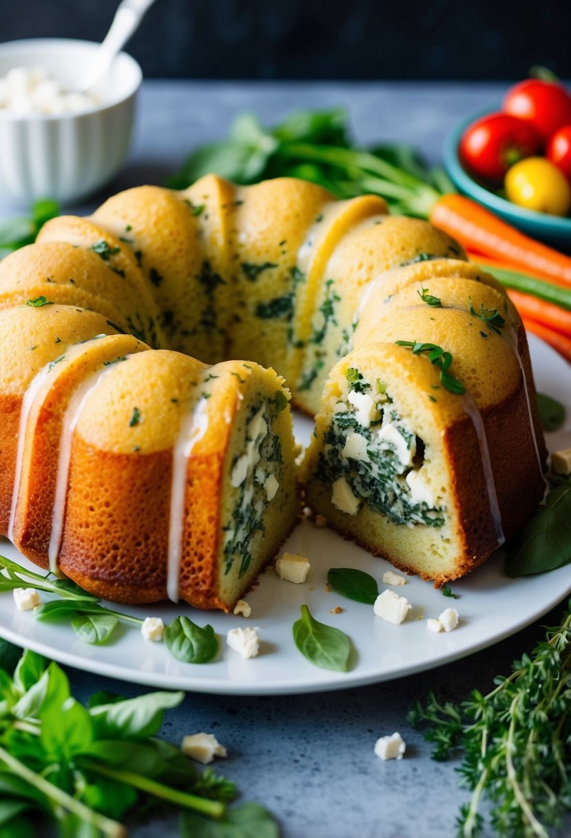 A breakfast bundt cake filled with spinach and feta, surrounded by fresh herbs and colorful vegetables