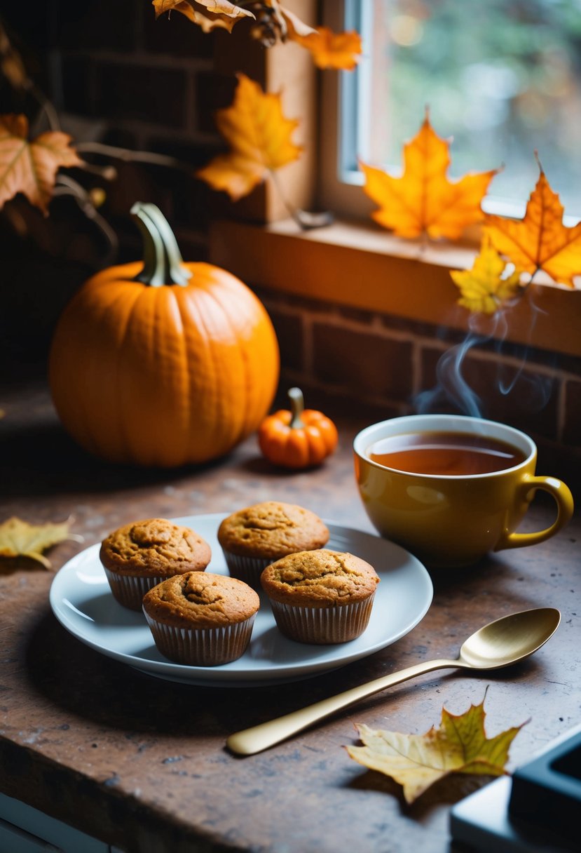 A rustic kitchen counter with a plate of pumpkin spice muffins next to a steaming cup of tea, surrounded by autumn leaves and a small pumpkin