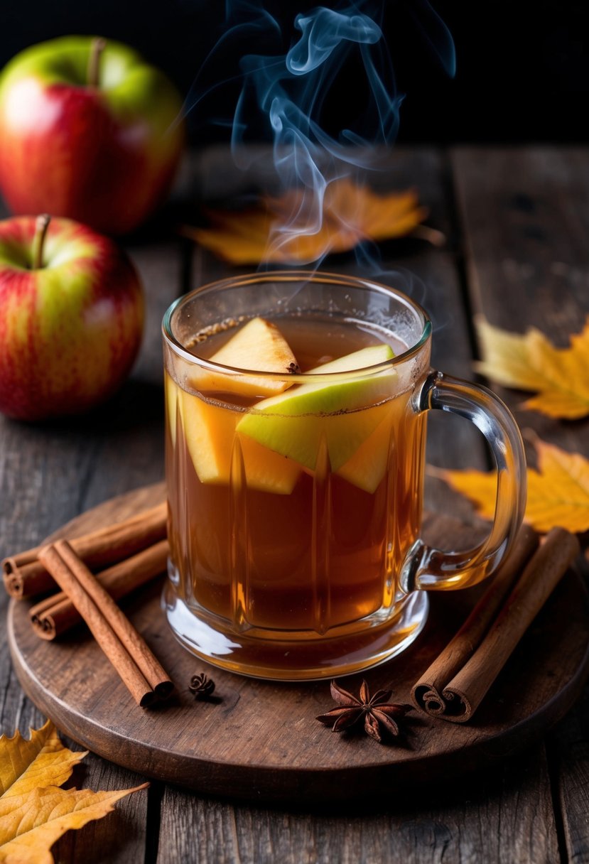 A steaming mug of spiced apple cider rum sits on a rustic wooden table, surrounded by cinnamon sticks and autumn leaves