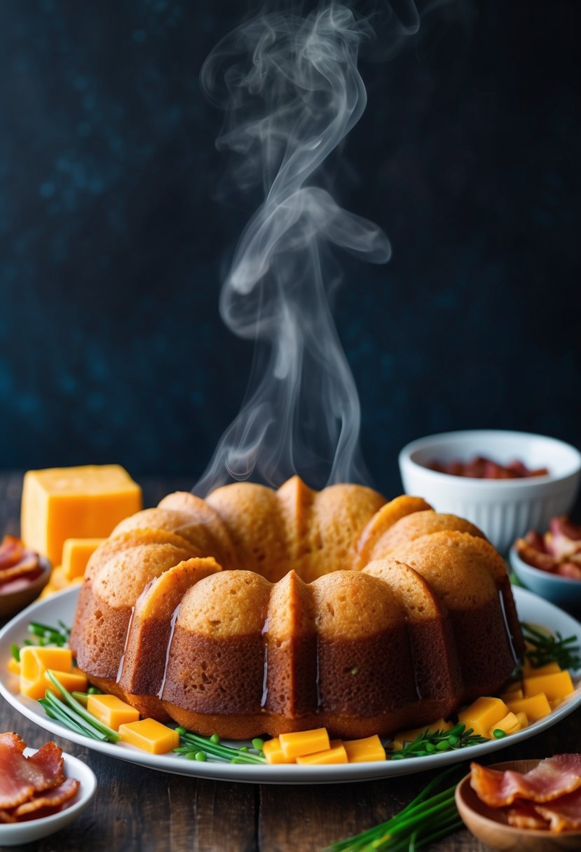 A savory breakfast bundt cake surrounded by bacon, cheddar cheese, and chives, with steam rising from the freshly baked dish