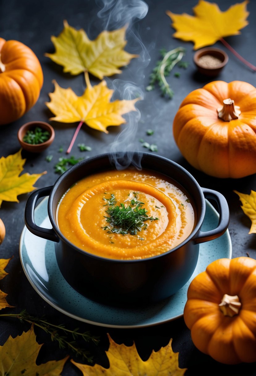 A steaming pot of butternut squash soup surrounded by autumn leaves and a sprinkle of herbs