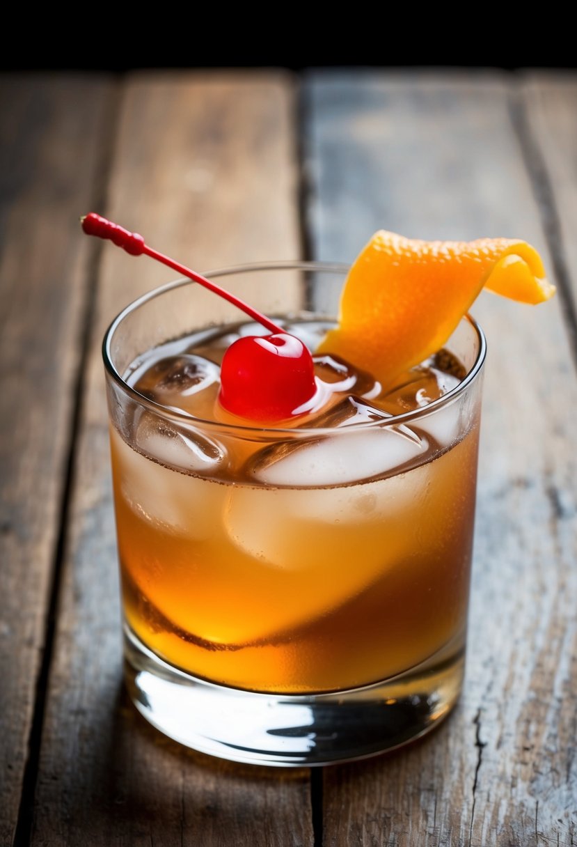 A glass filled with a maple rum old fashioned cocktail, garnished with an orange twist and a maraschino cherry, set on a rustic wooden table