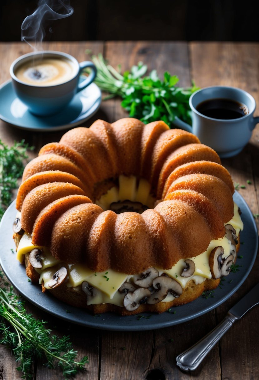 A golden-brown bundt cake, filled with layers of mushroom and Swiss cheese, sits on a rustic wooden table, surrounded by fresh herbs and a steaming cup of coffee