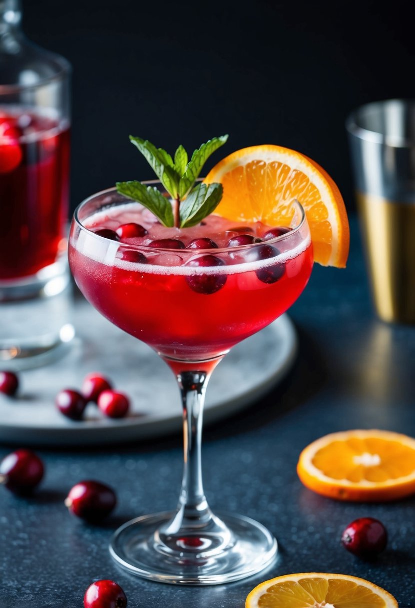 A glass filled with a vibrant red cranberry rum cocktail, garnished with a slice of orange and a sprig of fresh mint