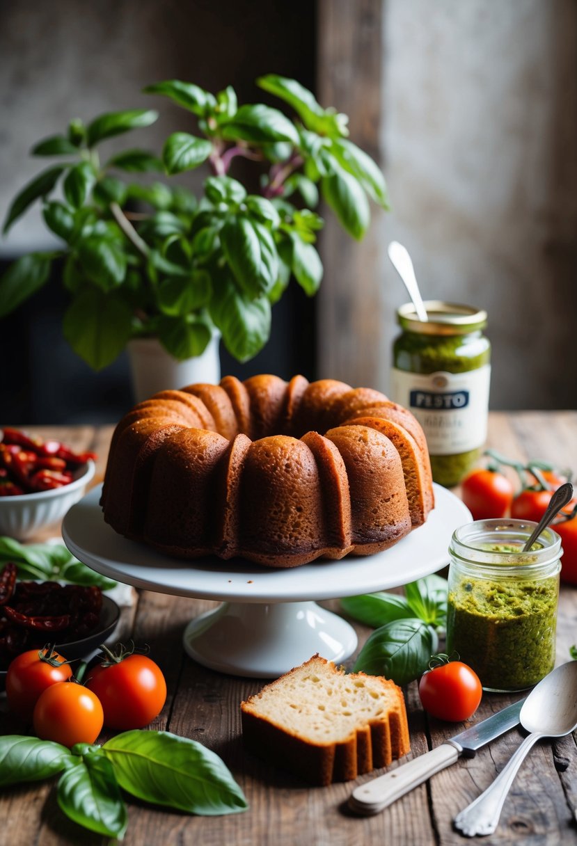 A rustic kitchen table set with a savory bundt cake surrounded by fresh sun-dried tomatoes, basil leaves, and a jar of pesto