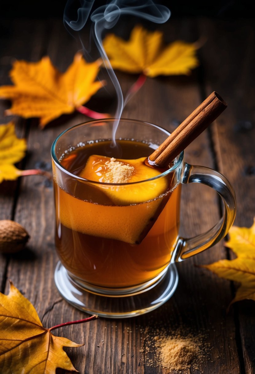 A steaming mug of warm buttered rum sits on a rustic wooden table, garnished with a cinnamon stick and a sprinkle of nutmeg, surrounded by autumn leaves