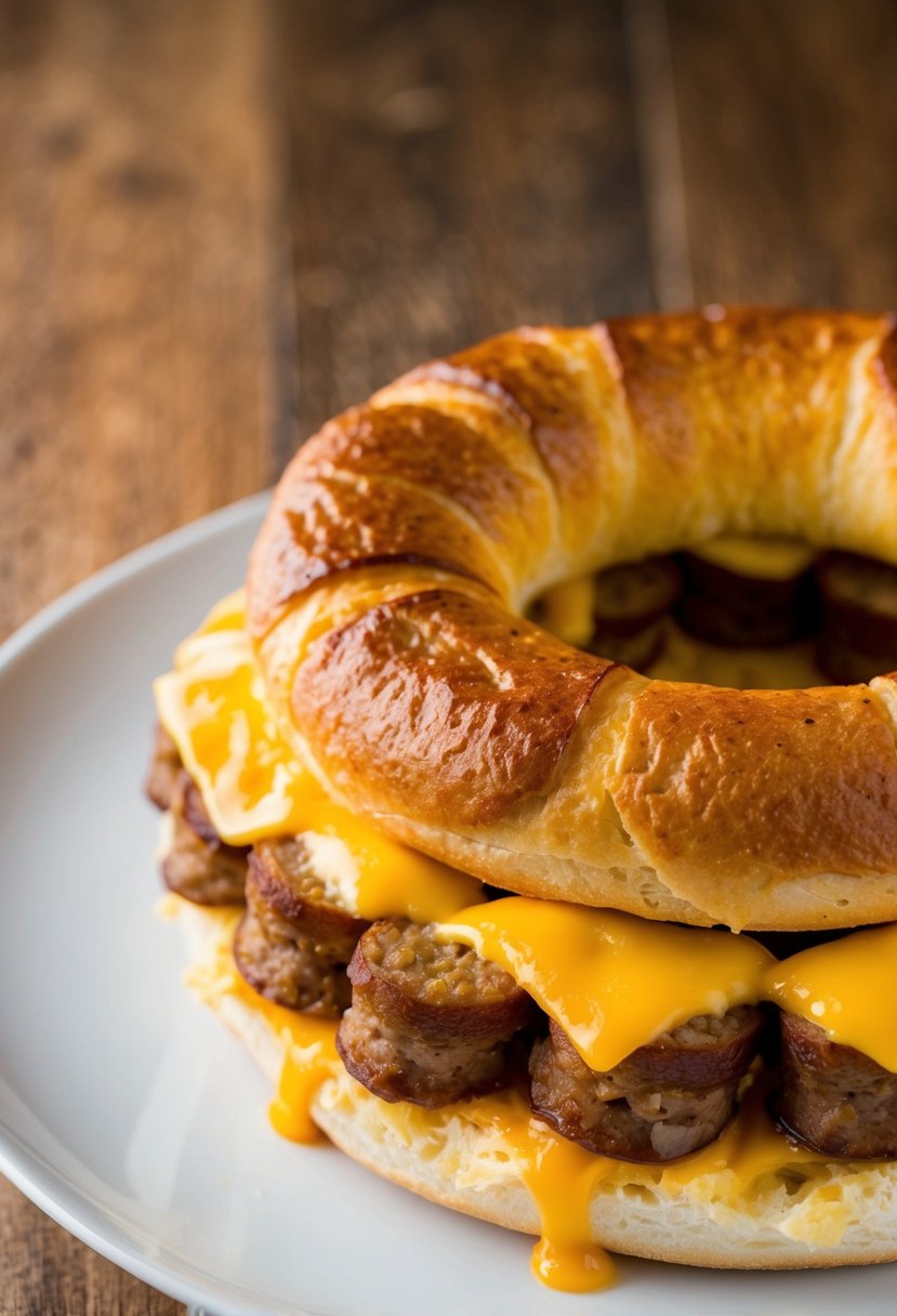 A golden brown breakfast ring filled with layers of savory sausage and melted cheese, fresh out of the oven