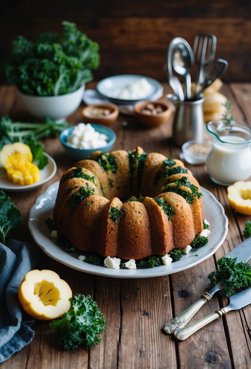 A rustic wooden table set with a savory breakfast bundt cake, featuring kale and goat cheese, surrounded by fresh ingredients and vintage kitchen utensils