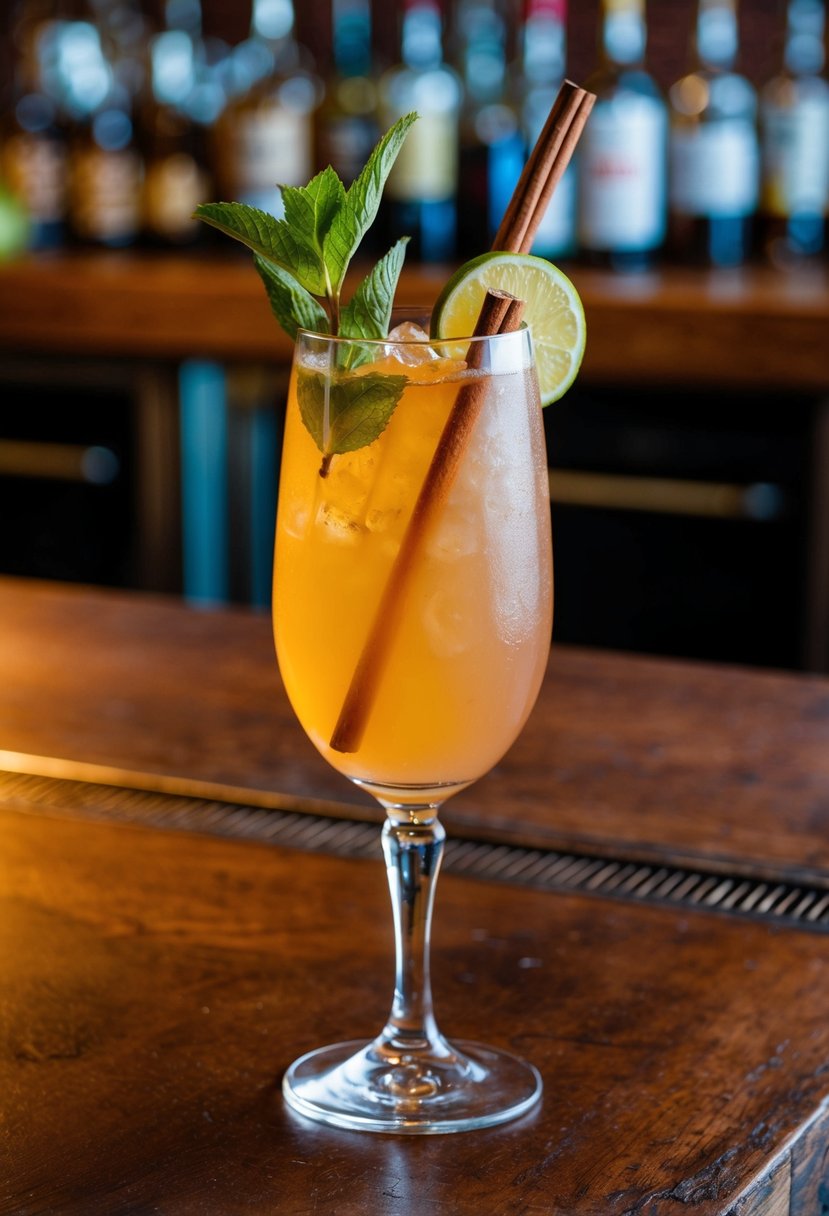 A tall glass filled with a golden cinnamon rum mule cocktail, garnished with a sprig of fresh mint and a slice of lime, sitting on a rustic wooden bar counter