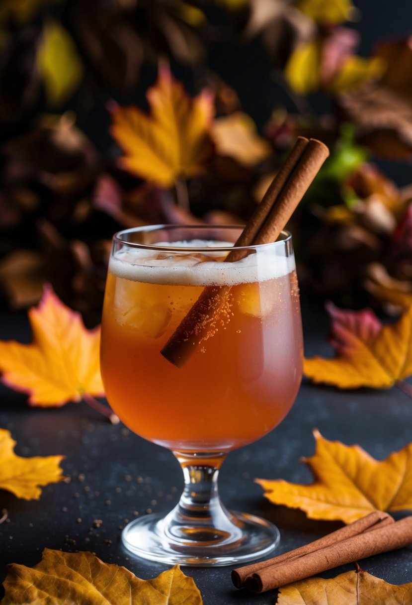 A glass filled with a gingerbread rum smash cocktail, garnished with a cinnamon stick and a sprinkle of nutmeg, set against a backdrop of fallen autumn leaves